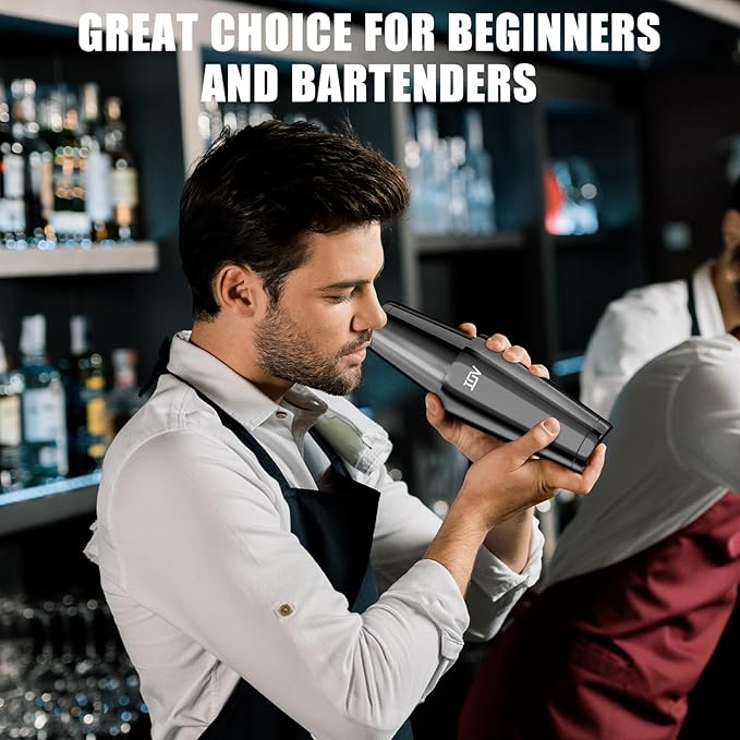 IOV Boston Cocktail Shaker Set, 18oz & 28oz Stainless Steel Weighted Shaker Tins, Metal Martini Drink Mixer for Bartending, Professional Bar Tools with Cocktail Recipe Guide, Black