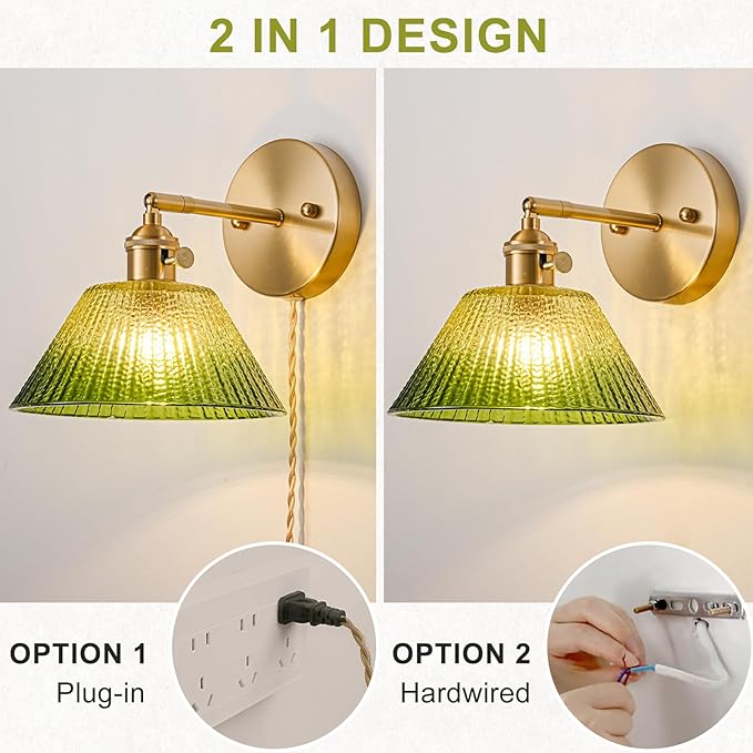 Plug in Wall Sconces Set of 2, Vintage Wall Sconce Light with Gradient Green Glass Lampshade, 180° Adjustable Wall Sconce with Switch and Plug in Wall lamp Cord, Gold Wall Light Wall Decor Set of 2