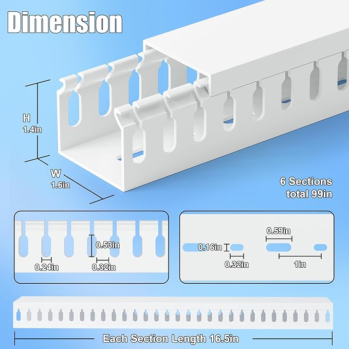 99in(6X L16.5in) Professional Server Rack Cable Management Raceway, H1.4in x W1.6in Cable Raceway Kit, Electrically Safe PVC Open Slot Wire Raceway for Under Desk/Computer/Network Cords, White