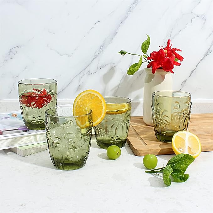 M&N HOME Green Christmas Tumblers, Colored Whiskey Glasses, Set of 4 Colorful Drinking Glasses, 9 Oz Coconut Cups, Glass Cups for Water and Juice, Holiday Glasses Drinkware - GREEN SET