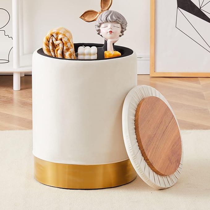 Mxfurhawa Velvet Storage Ottoman Multipurpose Footrest Stool with Metal Base Modern Round Vanity Stool Chair Ottoman Foot Stools Support 300 lbs Padded Seat for Living Room (Cream (Velvet))