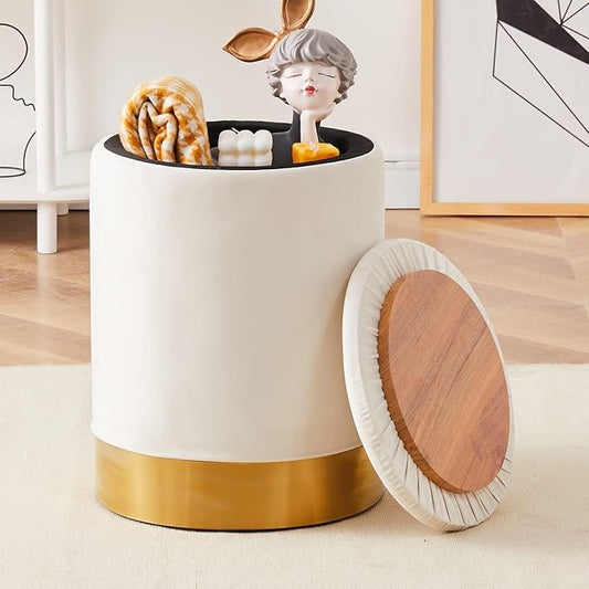 Mxfurhawa Velvet Storage Ottoman Multipurpose Footrest Stool with Metal Base Modern Round Vanity Stool Chair Ottoman Foot Stools Support 300 lbs Padded Seat for Living Room (Cream (Velvet))