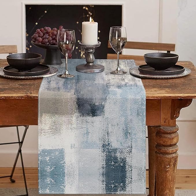 Emvency Farmhouse Table Runner, Vintage Blue and Grey Abstract Art Painting for Kitchen Coffee Table Family Dinners Holiday Parties Wedding Events Decor(13x90 inch)