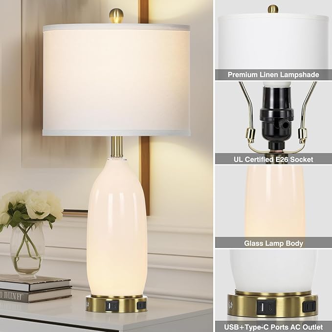 26" Modern White Glass Table Lamps Set of 2,Nightstand Lamp with USB A+C Ports & AC Outlet,Bedside Lamps with 3-Way Dimmable Touch Control Night Light for Bedroom Living Room Side Table