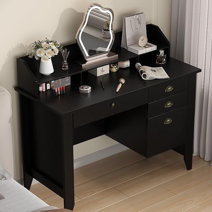 4 EVER WINNER Black Desk with Drawers, Office Desk with File Drawer and Monitor Stand, Computer Desk with Storage for Small Spaces, Bedroom, Black