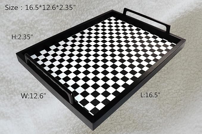 MCBZ Living Room Coffee Table Decorative Tray, Food Service Tray, Leather Ottoman Tray,with Metal Handles 16.5 x 12.6 in (Black and White Grid)