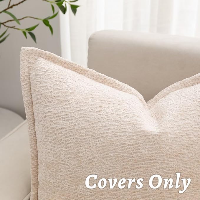 Beige Decorative Throw Pillow Covers 20x20 Inch Set of 2 Cozy Soild Chenille Cushion Cases Soft Textured Square Couch Pillows Cover Boho Accent Farmhouse Pillowcases for Sofa Bed