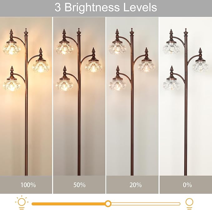 Brown Tree Floor Lamps for Living Room 66.5'' Standing Lamp with 3 Rotatable Lights Glass Shade Modern Lamp for Living Room Bedroom Office(3LED Bulbs Included)