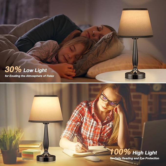 Kakanuo Touch Table Lamp for Bedroom Set, Small Bedside Lamps Set of 2 with USB C Charging Port, 3 Way Dimmable Touch Control Nightstand Lamps, LED Bulb Included
