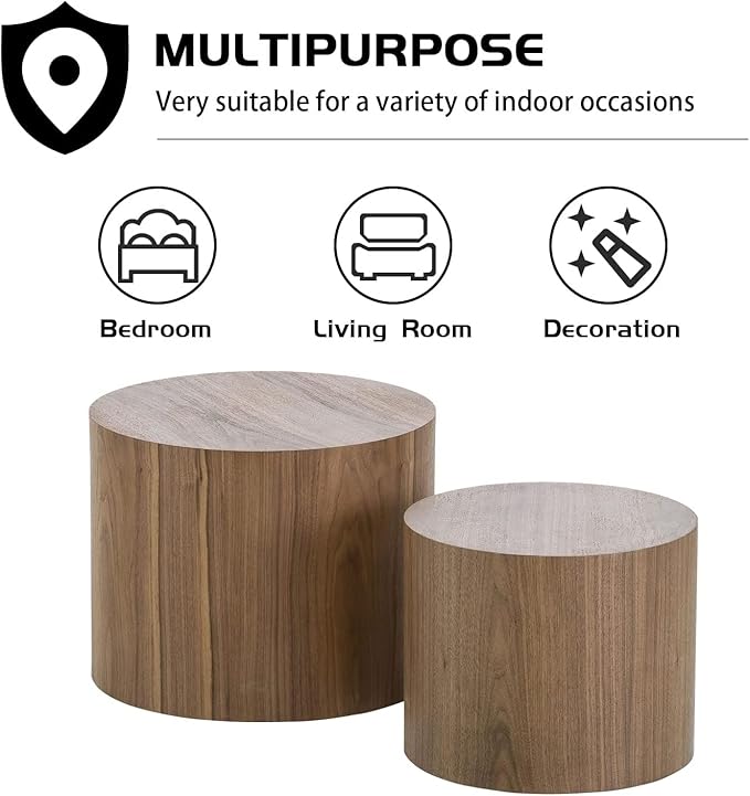 Round Coffee Table Set of 2, Nesting Coffee Table and End Table Set Wood Small Circle Drum Side Table for Living Room Office, No Assembly,Walnut