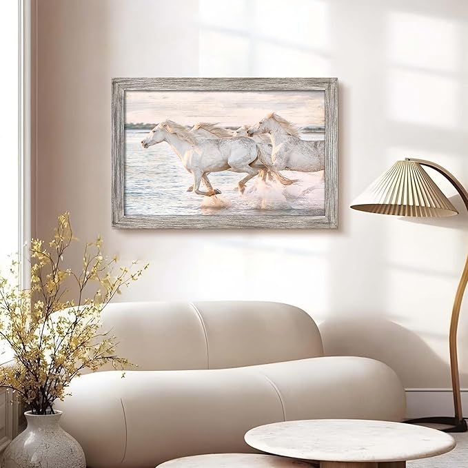 Horse Wall Art Picture Decor: Wild Animal Framed Wood Print White Horses Artwork Modern Galloping Wildlife Painting for Bedroom Living Room Bathroom 36 x 24 Inches