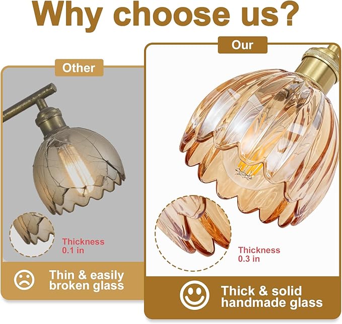 Vintage Bathroom Light Fixtures,2-Light Hardwired Vanity Lights Over Mirror,Gold Wall Sconces with Amber Tulip Glass Shade for Bathroom Living Room,E26 Socket(Bulbs Not Included)