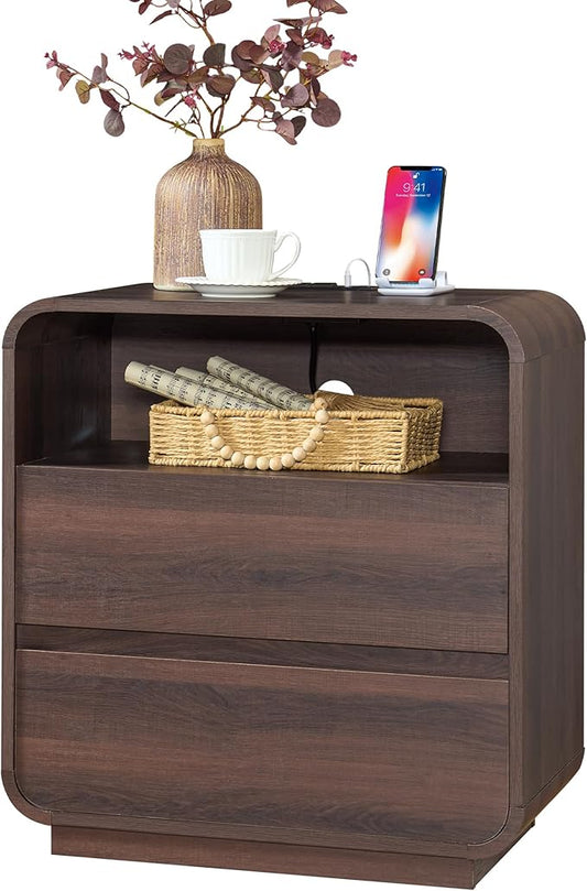 Modern Walnut Nightstand, 25" Tall Wooden Bedside Table with Charging Station, 2 Storage Drawers Side Table Curved Profile, Handleless, Large End Table Night Stand for Bedroom, Office