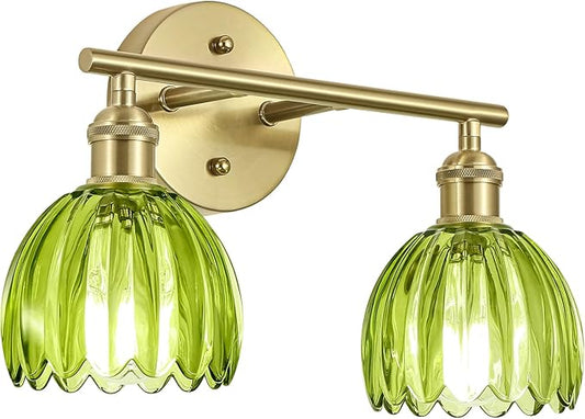 Vintage Bathroom Light Fixtures,2-Light Hardwired Vanity Lights Over Mirror,Gold Wall Sconces with Green Tulip Glass Shade for Bathroom Living Room,E26 Socket(Bulbs Not Included)