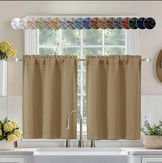 Aiyufeng Taupe Short 36 Inches Blackout Curtain 2 Panels Set, Half Window Rod Pocket Privacy Curtain Tiers for Kitchen, Curtains Blackout for Bathroom Shades, W40 x L36 Inch, Taupe