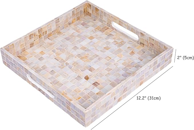 PEMAR 12.2" Square Serving Tray Mother of Pearl Nacre Wood Lap Ottoman Tray for Coffee Table, Luxury Decorative Handmade Eating Platters w Insert Handles (White Cream Squares Pattern)