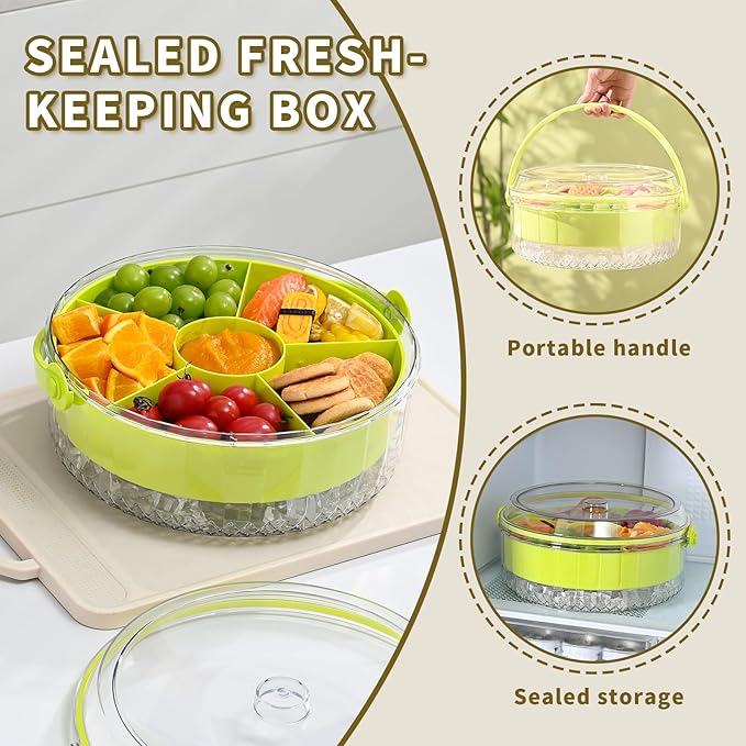 Fruit Ice Divided Serving Tray with Lid and Handle,Chilled Veggie Tray,Shrimp Cocktail Serving Dish,Ideal Cold Chilled Serving Platter for Parties,for Vegetables,Appetizer,Salads,Picnic,Road Travel