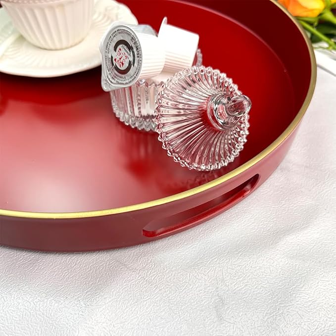 Red Decorative Tray, Serving Tray with Handles, Round Decorative Tray for Coffee Table, 13 Inch Plastic Tray for Ottoman, Living Room, Bathroom, Home Decor.