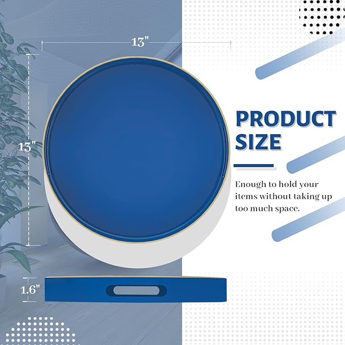 MAONAME 13" Blue Round Tray, Navy Serving Tray with Handles, Modern Decorative Tray for Coffee Table, Plastic Tray for Ottoman, Bathroom, Decor