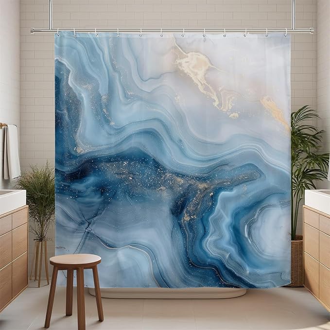 Renaiss Blue Ombre Marble Shower Curtain Modern Large Waterproof Fabric Gold Gilt Design Bathroom Shower Curtain Abstract Bath Accessories Set Hooks Hotel Home Luxury Decor Washable 72" W x 78" L
