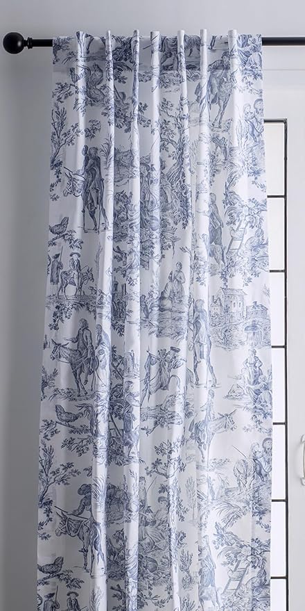 Maison d' Hermine Curtains for living room 100% Cotton 108 inch length One Panel Light Filtering Toile Curtains for Bedroom with rod and loop Pockets (The Miller Blue (White Background), 50"W x 108"L)