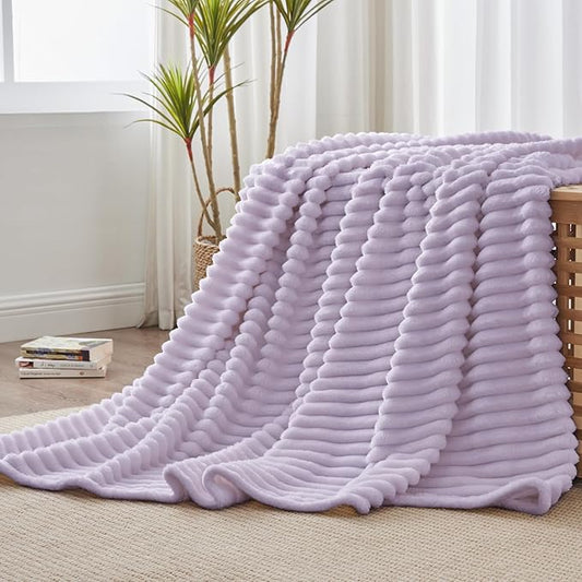 BEDELITE Twin Blanket for Couch & Bed, 300GSM Soft & Warm Fleece Blanket, Decorative and Giftable Striped Lavender Fog Blankets for Women, Men, 60"x80"