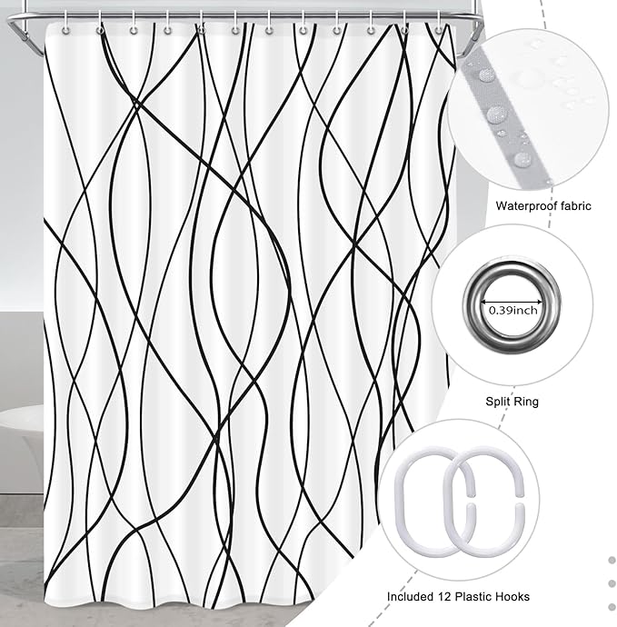 Punkray Black and White Striped Wavy Line Polyester Shower Curtain for Bathroom with Hooks, Extra Long Shower Curtains 96 Inches Long, Weighted Hem, Waterproof Bath Accessories