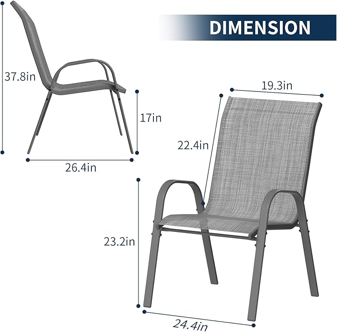 Amopatio Patio Chairs Set of 8, Outdoor Stackable Dining Chairs for All Weather, Dark Grey, Breathable Garden Outdoor Furniture for Backyard Deck