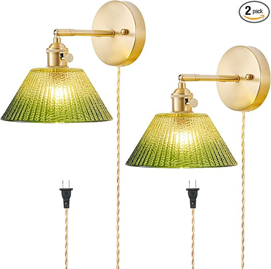 Plug in Wall Sconces Set of 2, Vintage Wall Sconce Light with Gradient Green Glass Lampshade, 180° Adjustable Wall Sconce with Switch and Plug in Wall lamp Cord, Gold Wall Light Wall Decor Set of 2