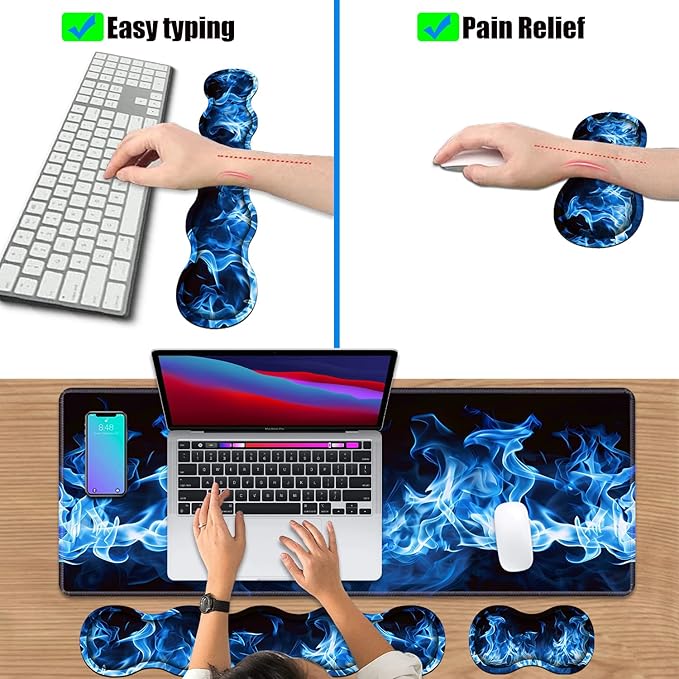 4 in 1 Ergonomic Keyboard Wrist Rest & Mouse Pad Wrist Rest Set, Large XXL Gaming Desk Mat 31.5"x 11.8" with Non-Slip Base, Memory Foam for Home Office Study Gaming, Blue Flame