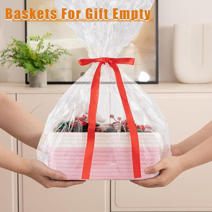 OIAHOMY 4 Pack Storage Baskets for Organizing, Small Bins for Shelves, Cute Decorative Storage Bins, Organizer Baskets for Gifts Empty, 13''Lx8.7''Wx5.1''H, Pink/White