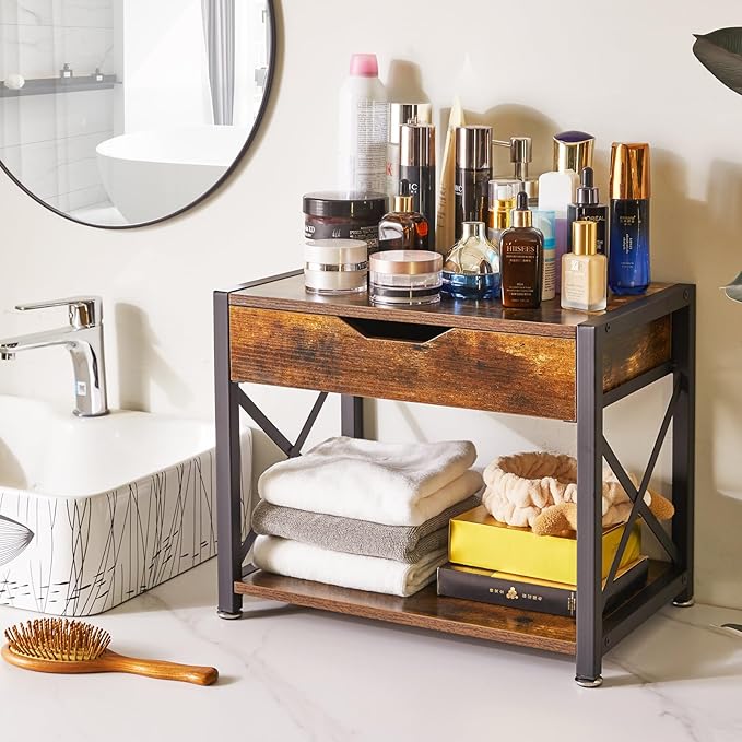 IBUYKE 2 Tier Desktop Printer Stand,Multi-Purpose Desk Organizer,Wooden Printer Stand with Drawer Storage for Folders,Books,for Fax Machine, Scanner,Home Office,Rustic Brown TLJ012H