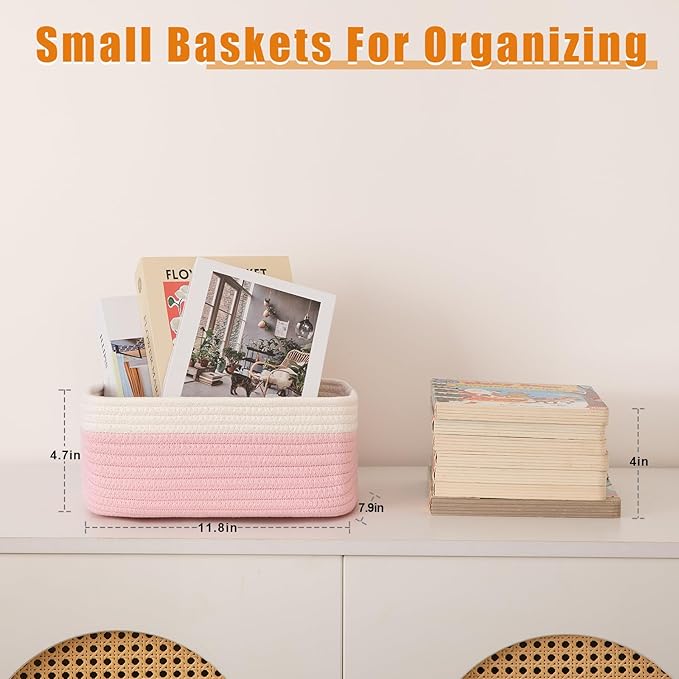 OIAHOMY 4 Pack Storage Baskets for Organizing, Small Bins for Shelves, Cute Decorative Storage Bins, Organizer Baskets for Gifts Empty, 11.8''Lx7.8''Wx4.7''H, Pink/White