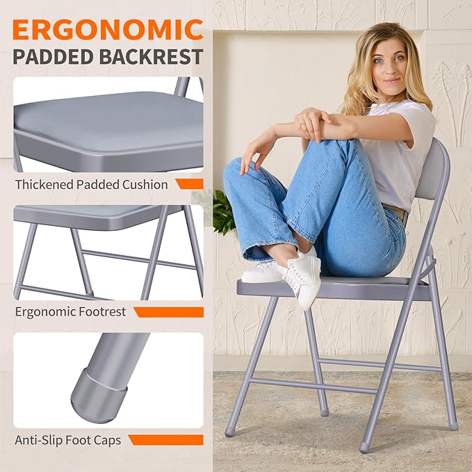 6 Pack Folding Chairs with Cushion – Padded Memory Foam Seating Gray Space-Saving Foldable Chairs for Indoor Outdoor Weddings, Parties, Backyard & Office Events (Gray, 6 Pack)
