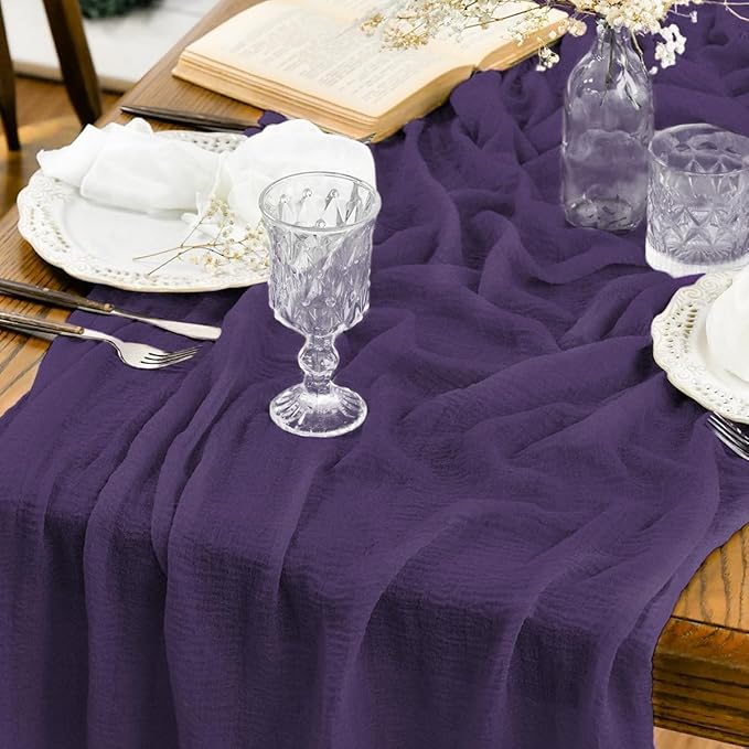 Artoid Mode Boho Cheesecloth Gauze Purple Wedding Table Runner, 120 Inch Seasonal Christmas Winter Fabric Kitchen Dining Holiday Table Decor for Home Party Indoor