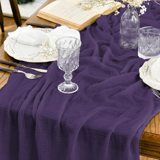 Artoid Mode Boho Cheesecloth Gauze Purple Wedding Table Runner, 120 Inch Seasonal Christmas Winter Fabric Kitchen Dining Holiday Table Decor for Home Party Indoor