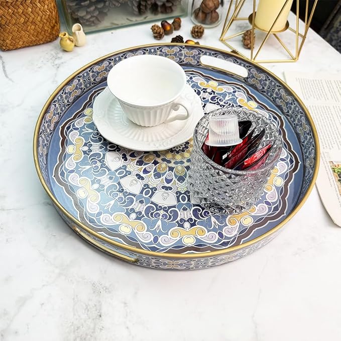 Round Decorative Trays Set of 2, Modern Plastic Serving Tray with Handles for Living Room, Coffee Table, Kitchen, Ottoman, Boho Blue, Large 13", Small 11.8"