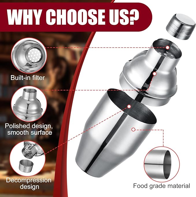 Nitial 9 Pcs Bar Cocktail Shaker Professional Stainless Steel Martini Drink Mixer with Built-in Strainer for Bartending No Leaks Boston Shaker for Bar Party Drink Mixing Tool(11.8 oz)