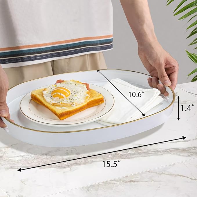 MAONAME White Decorative Tray, Oval Serving Tray with Handles, Plastic Trays for Coffee Table, Ottoman Trays for Living Room, Bathroom, 15.6" X 10.6" X 1.4"