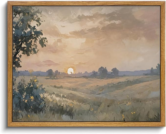 KISSFOX Vintage Framed Wall Art Sunset Landscape Canvas Wall Art Neutral Farmhouse Serene Countryside Paintings Artwork Rustic Art Prints For Bedroom Living Room