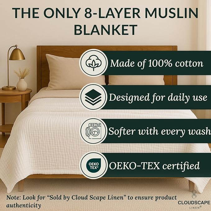 Cloud Scape Linen 100% 8-Layer Cotton Muslin Blanket Queen Size,Lightweight All Season Blanket for Bed, Oversized Cotton Blankets, fits Full Size Bed, 92x92, White
