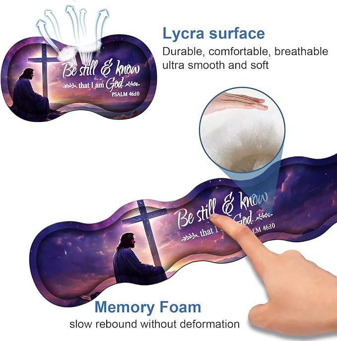 Ergonomic Memory Foam Mouse Pad Wrist Rest Set, Large Gaming Desk Pad + Keyboard Wrist Rest + Mouse Wrist Cushion + Coaster for Home Office Study Gaming, Christian Cross Quote Bible Verse Psalm 46:10