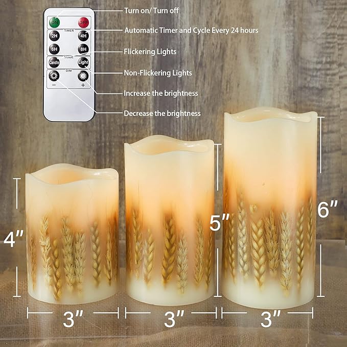 3 Pack Wheat Flickering Candles, Fall Decor Flameless Candles, Farm House Realistic Pillar Candle with Remote&Timer for Havest Celebration,Fall Decor, Home, Party