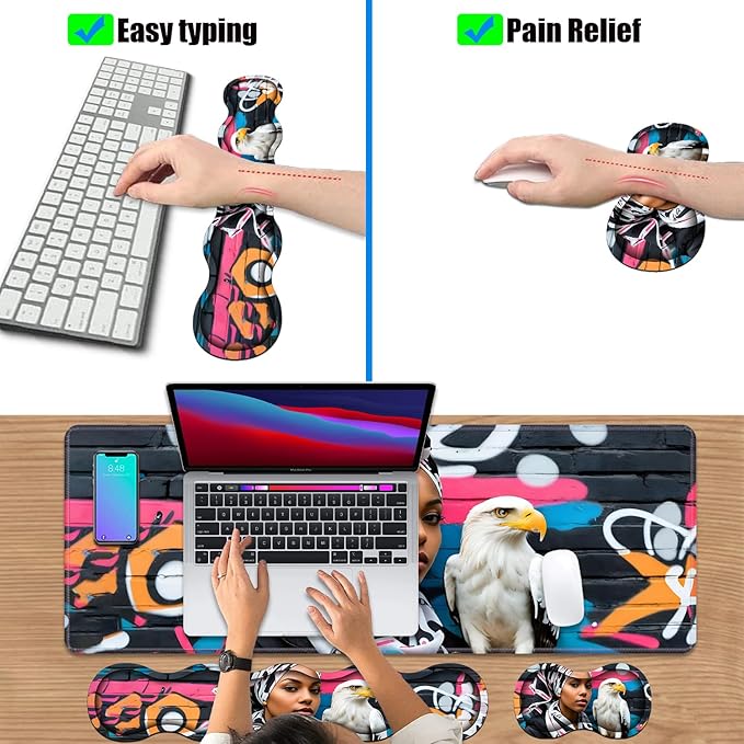 4 in 1 Ergonomic Keyboard Wrist Rest & Mouse Pad Wrist Rest Set, Large XXL Gaming Desk Mat 31.5"x 11.8" with Non-Slip Base, Memory Foam for Home Office Study Gaming, American Black Girl Bald Eagle
