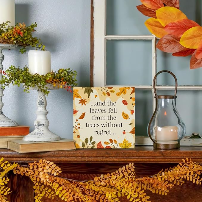 5 x 5 Inch Fall Decor, Wooden Sign, Autumn Home Office Desk Table Cubicle Shelf Decor