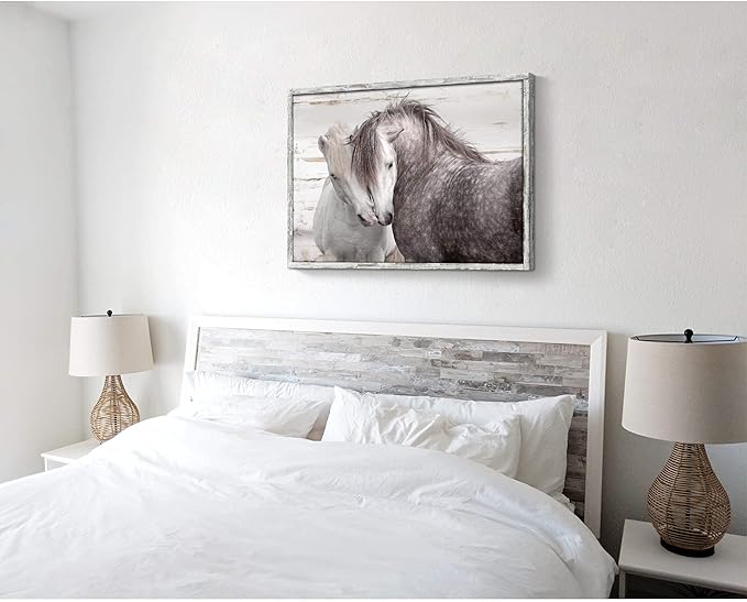 Horses Wall Art Framed Painting Rustic Horse Nuzzling Picture Wildlife Animals Portrait Wooden Print Artwork for Living Room Farmhouse Decor 36 x 24 Inches