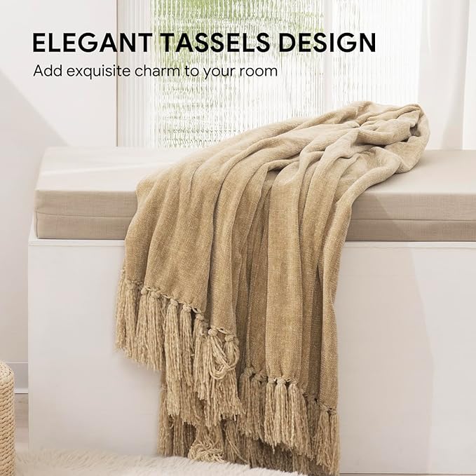 RECYCO Throw Blanket Soft Cozy Chenille Throw Blanket with Fringe Tassel for Couch Sofa Chair Bed Living Room Gift (Beige, 60" x 80")