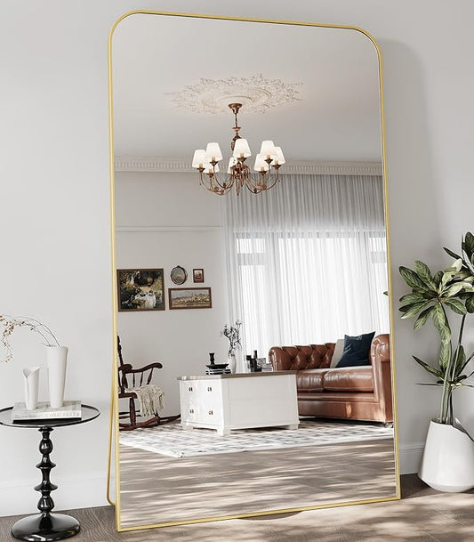 Koonmi Full Length Mirror, 81"x41" Mirror Full Length with Stand, Gold Domed Top Square-Edged Floor Mirror with Aluminum Alloy Frame for Bedroom Living Room