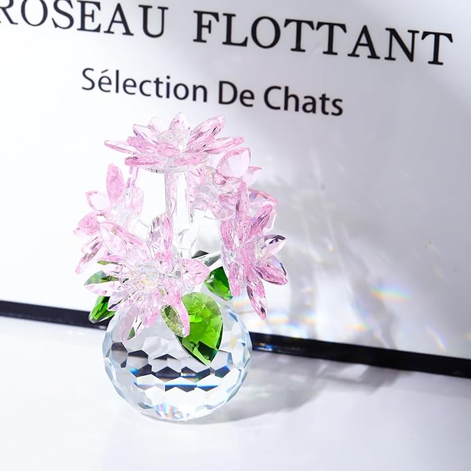 Enjinkail Handmade Crystal Daisy Figurine - Pink Glass Flowers Gifts for Women, Elegant Home Decor & Table Centerpiece