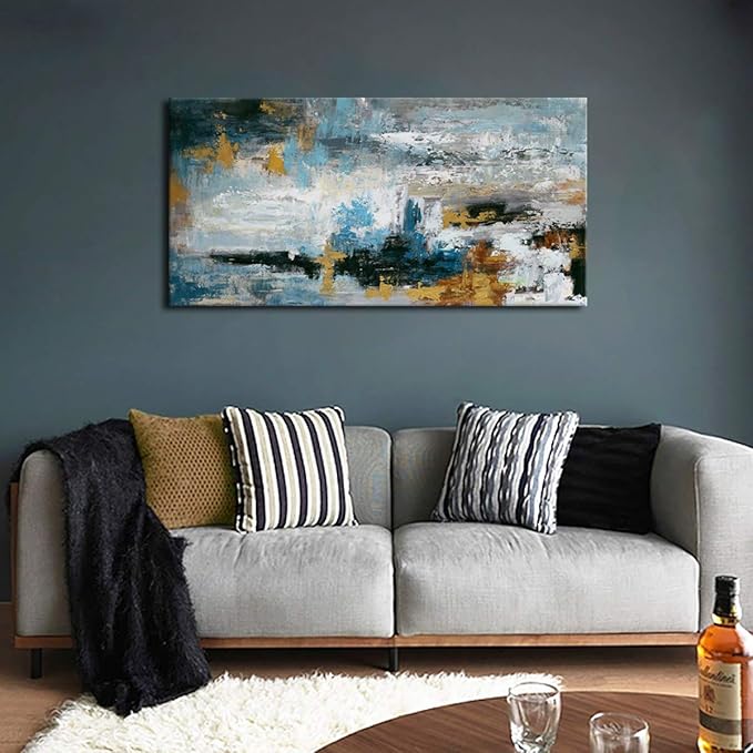 Abstract Wall Art Large Canvas Picture Modern Blue Grey Brown Artwork on Canvas Prints Wall Decoration for Living Room Bedroom Bathroom Kitchen Office Home Wall Decor Framed Ready to Hang 24" x 48"